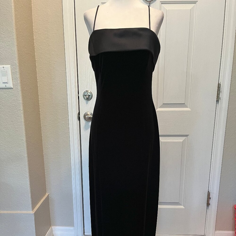 Alex black velvet evening dress with satin trim, size 8